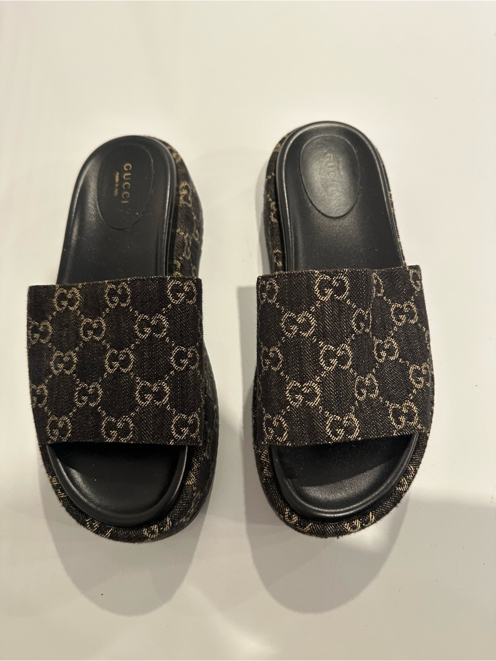 Gucci Brown Monogram Slide Sandals with Black Footbed